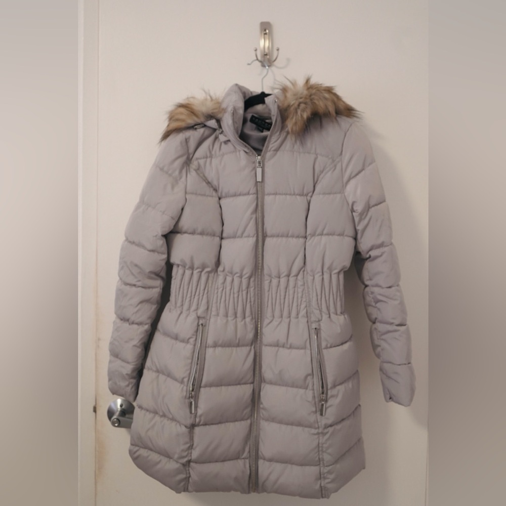 Laundry By Shelli Segal Light Gray Puffer Jacket with Faux Fur Hood
